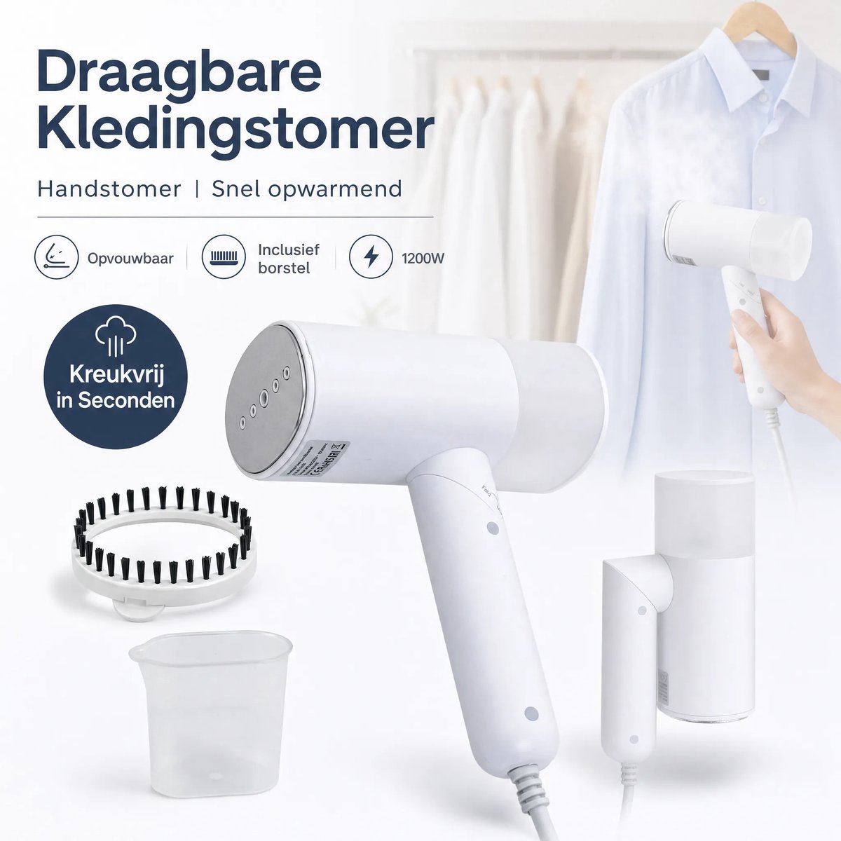 Handstoomborsteller / Kledingstomer / Stoomstrijkijzer – 1000W – 20s opwarmtijd – 140ml afneembare tank – Met maatbeker & borstel – Voor kleding, gordijnen, banken & beddengoed – 220-240V