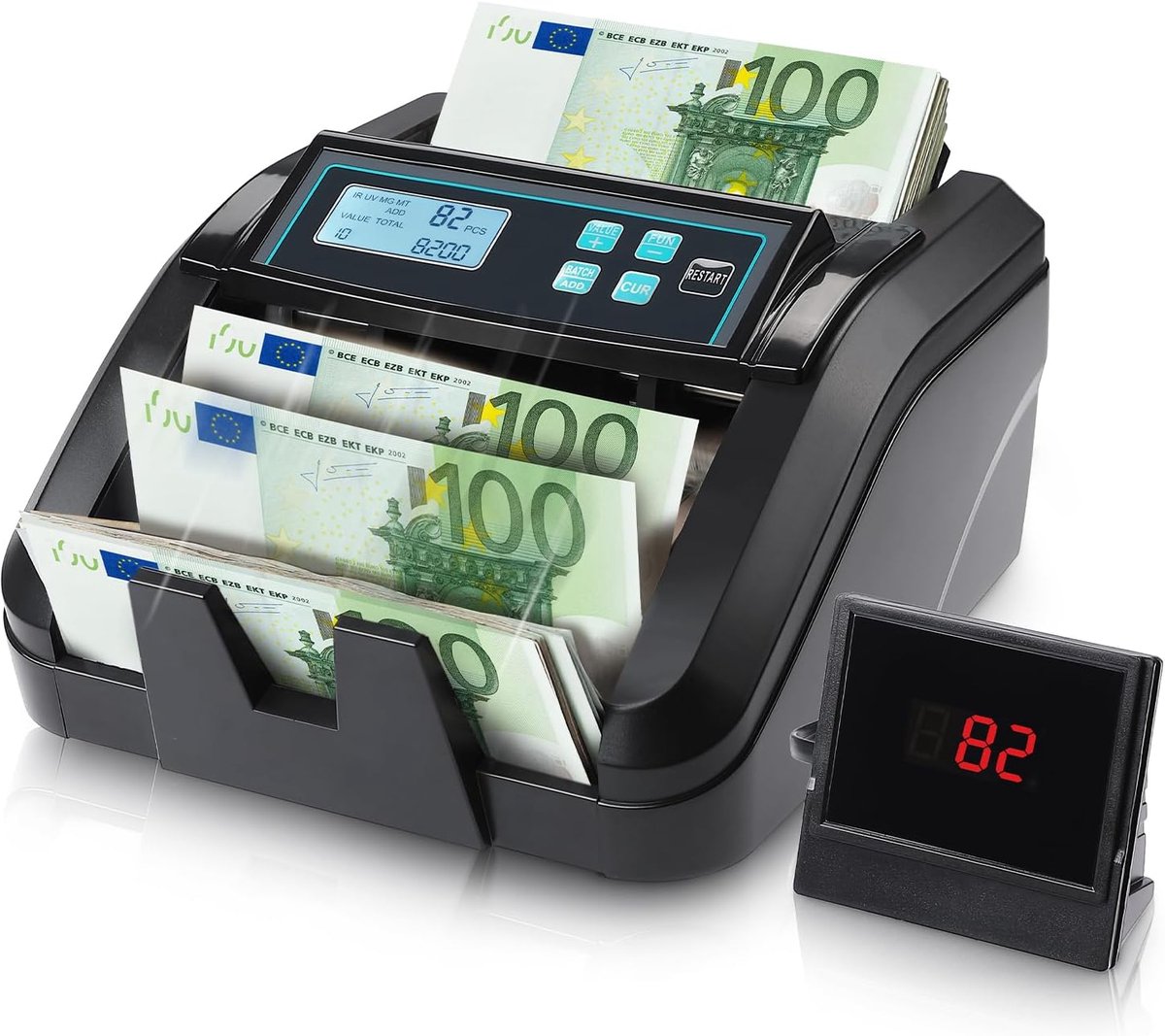 Geldtelmachine - Bankbiljettenteller - Geld tellen - UV MG IR MT detectie - 1100 Vel/min - Zwart