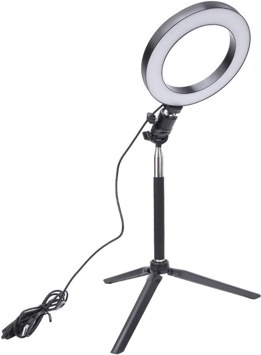 Ringlicht met Statief - Selfie Lamp - Content Creëren - Drie Kleurmodi - 16 cm - Zwart