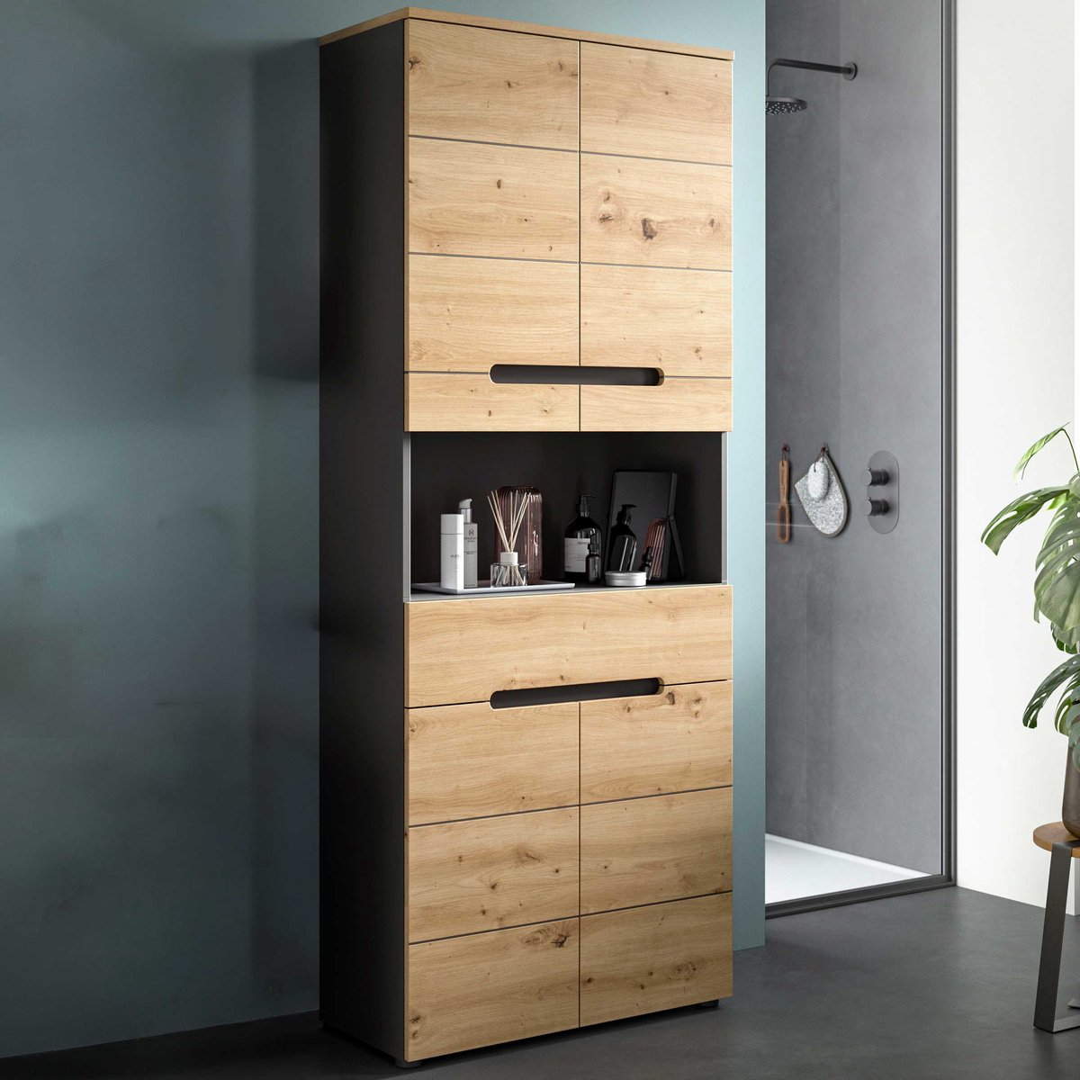 Hoogkast Canu Wide Xonox - Spaanplaat Artisan & Basalt Grijs - 76x193x34 Cm - Xonox - Badkamer Halfhoge Kast - Bruin; Grijs - Spaanplaat