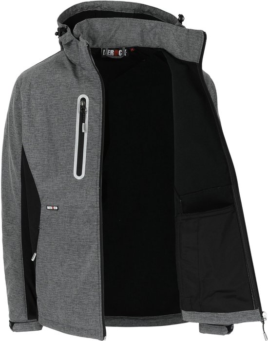 Veste softshell grise ouverte, avec doublure intérieure noire, poches intérieures et fermetures éclair.
