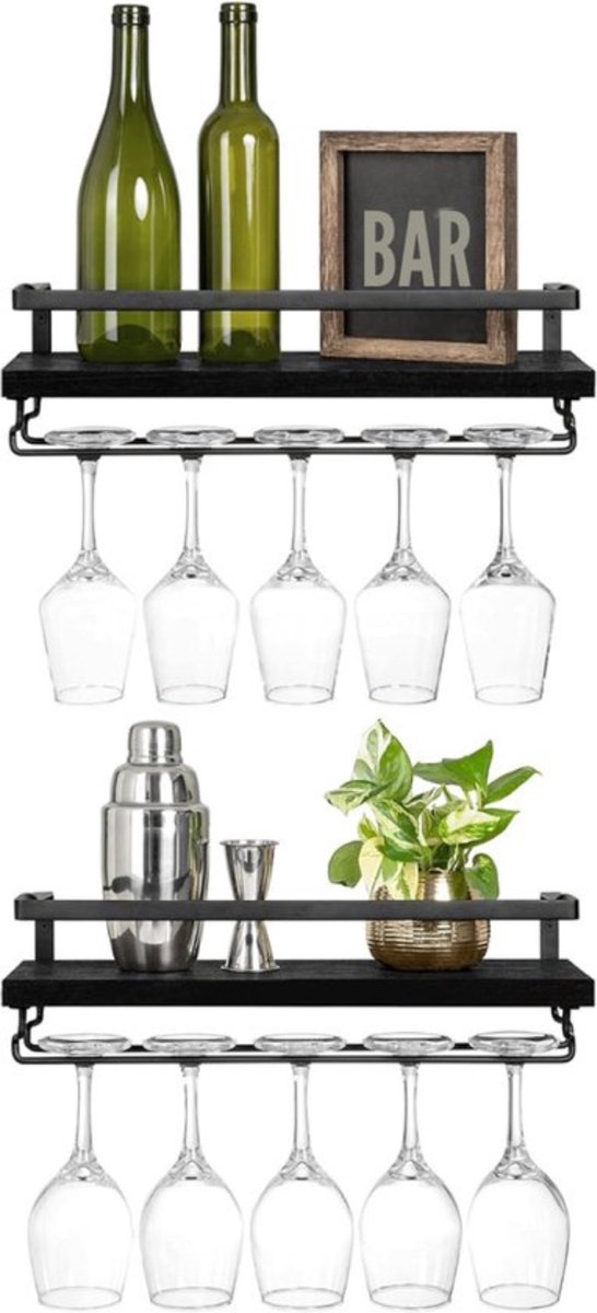 Thuys - Wijnrek Muur Zwart - Set van 2 - Wandplanken met Glazenhouder