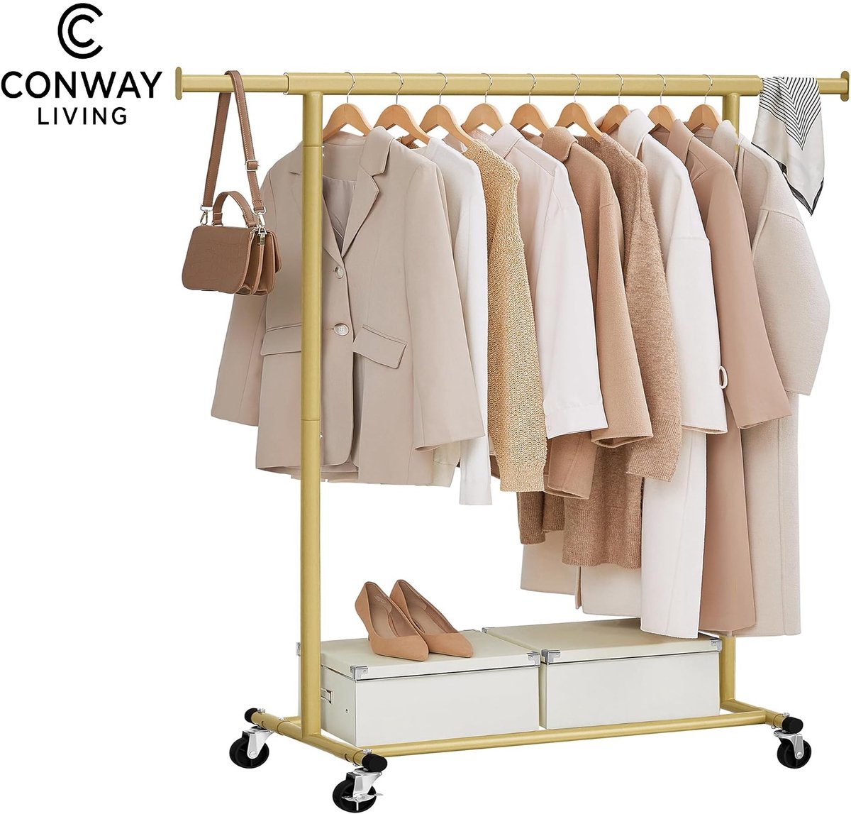 Conway Living® - Kledingrek op Wieltjes - Heavy Duty Verrijdbaar Kledingrek - 92-132 x 162 cm- Verstelbare kledingstang - Uitschuifbare Kledingstang - Verstelbare Hangstang - Stabiel tot 110 kg - Goud