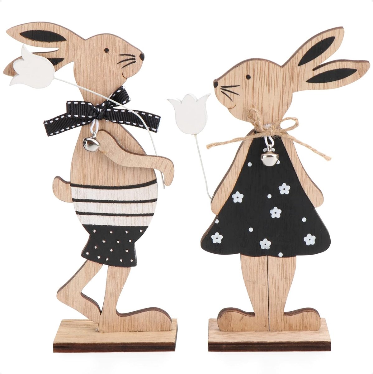 Paasdecoratie Houten Hazen - Set Paashazen - Huis Versieren - Twee Verschillende Motieven - 2 Stuks - Zwart Wit Bruin