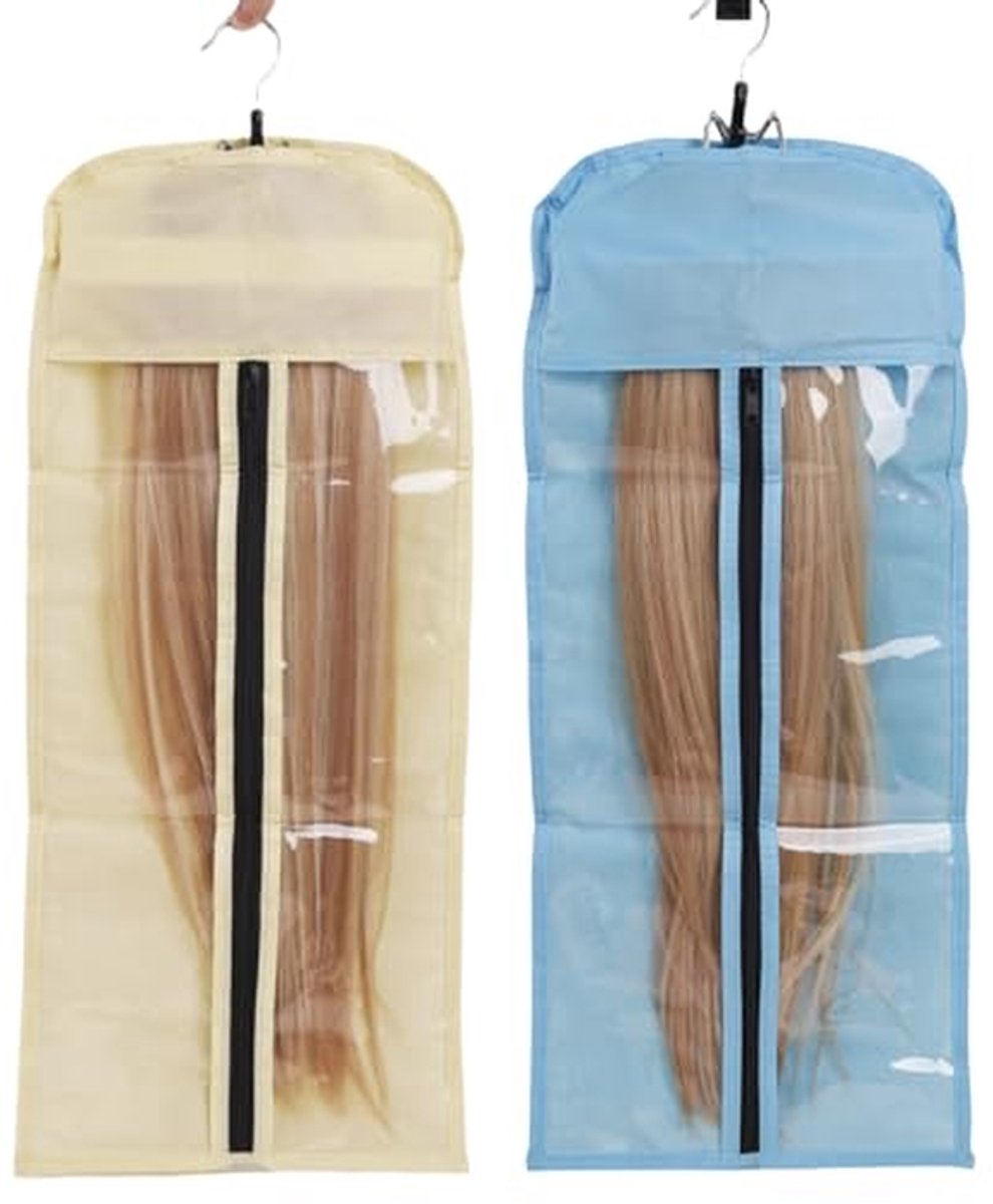 Haarextensie Opbergset - Pruikenhouder Tas - Haar Beschermen - Stabiele Hanger - 2 Stuks - Blauw Beige