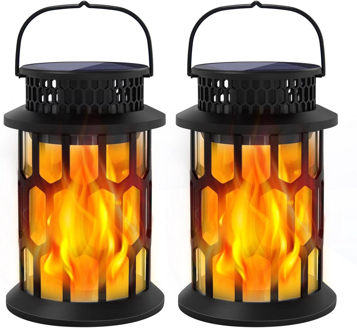 Zonne lantaarn - Buitenlamp - Tuin decoratie - Dansende vlam - 2 stuks - Zwart