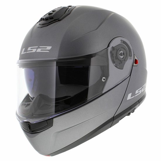 Casque modulable gris LS2 avec visière transparente fermée et lunettes de soleil foncées. Le logo LS2 est visible sur le côté et le devant.