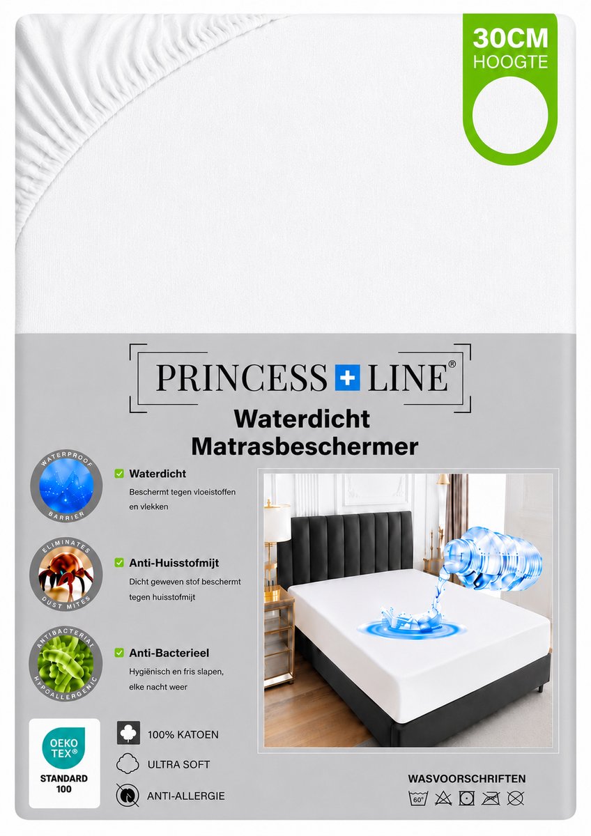 Princess Line Wasbare Waterdichte Matrasbeschermer-Waterdicht Badstofhoeslaken- Incontinentie Matrashoes -Ademend -Antibacteriëel - Anti-allergie-140x200 cm- Rondom Elastiek Matrashoogte tot 30cm