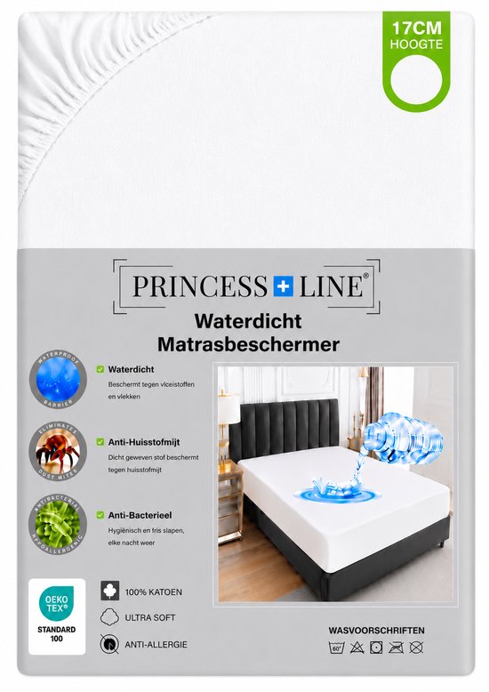 Princess Line waterdichte matrasbeschermer met keurmerken en productinformatie. Een bed wordt getoond.