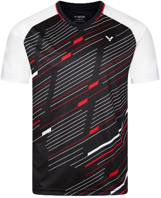 Victor badmintonshirt met zwart-wit-rood diagonaal streeppatroon en witte mouwen.