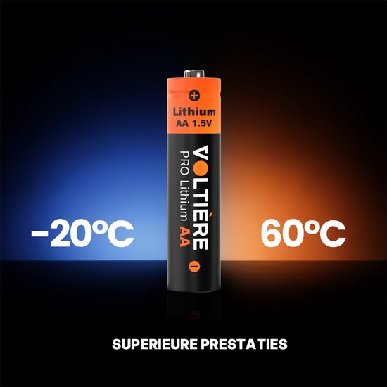 Een oranje en zwarte AA batterij met "Lithium AA 1.5V" en "VOLTIÈRE PRO Lithium AA" erop, tussen -20°C en 60°C.