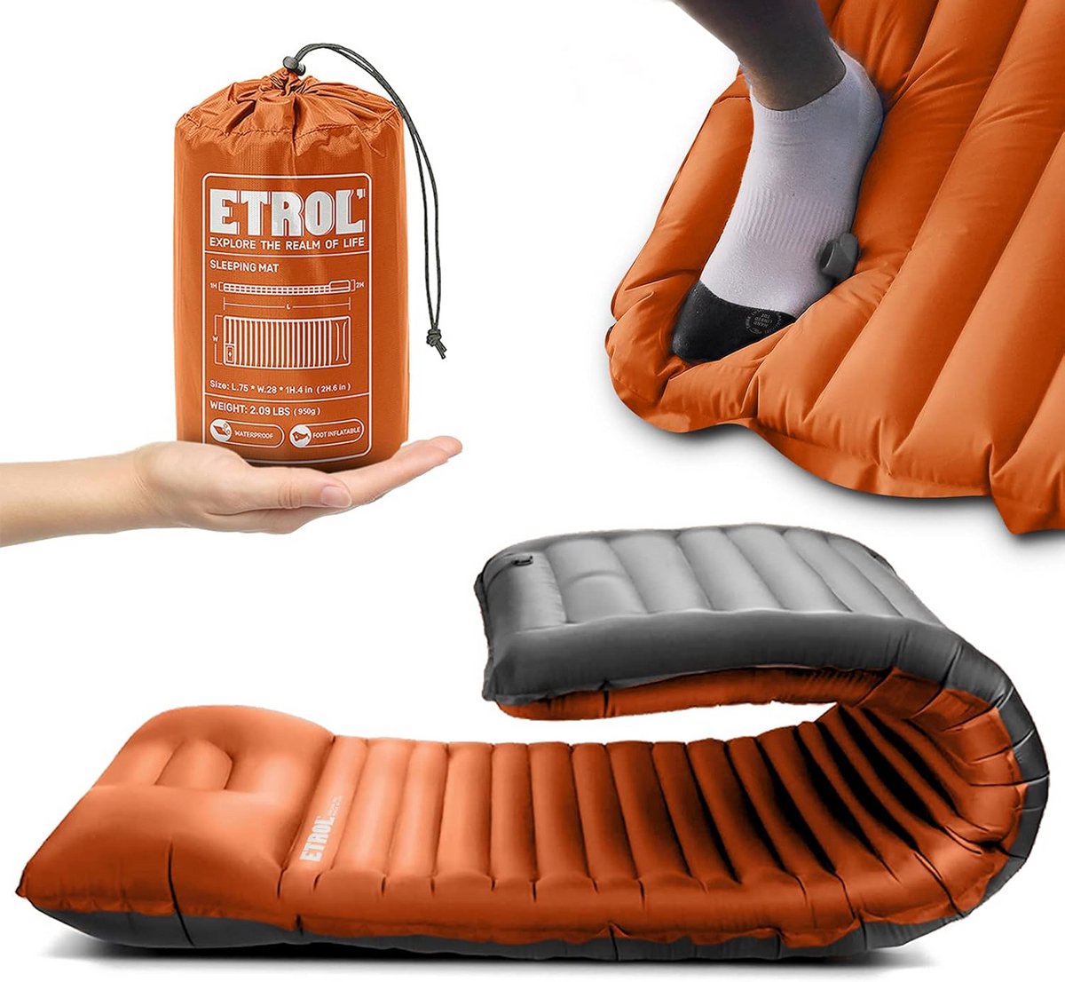 Zelfopblazende Slaapmat - Kampeer Mat - Outdoor Kamperen - Extra Dik 10cm - 195 x 70 cm - Oranje