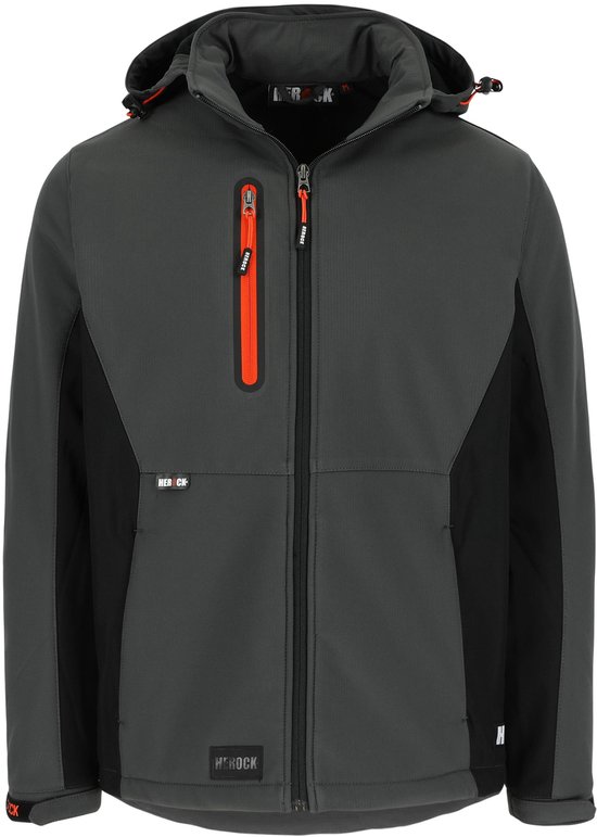 Grijze softshell werkjas met zwarte zijpanelen en een opvallende oranje rits op de borstzak.