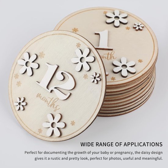 12x Houten Maandkaarten Baby 1-12 Maanden - Dubbelzijdig en 3D Bloemen — afbeelding 2