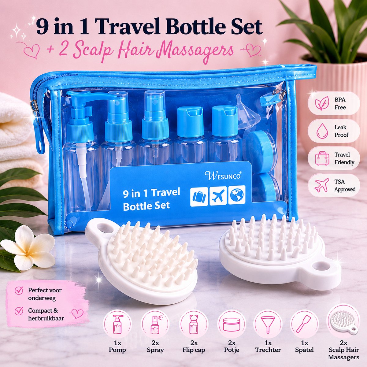 9-in-1 Reisflesjes Set met 2 Scalp Hair Massagers – TSA Goedgekeurd – Voor Handbagage en Vliegreizen – Hervulbaar – Lekvrij – Transparant Reisetui