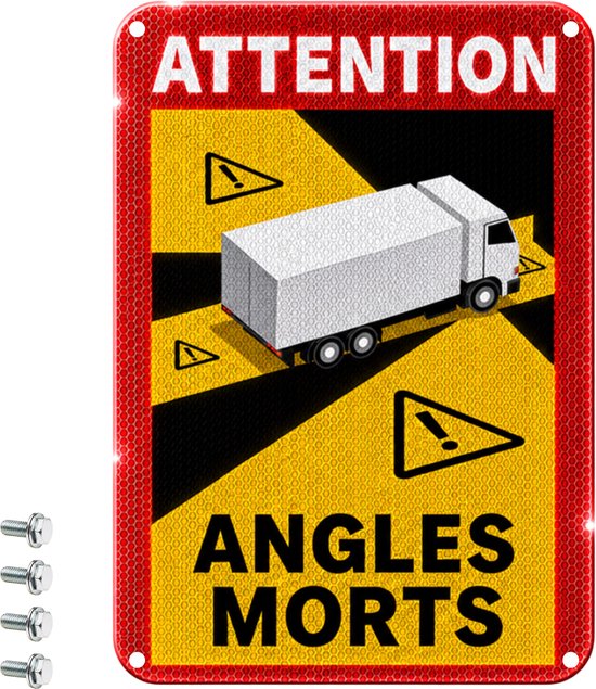 Panneau d'avertissement réfléchissant 'Attention Angles Morts' avec camion et triangles d'avertissement, avec structure en aluminium.