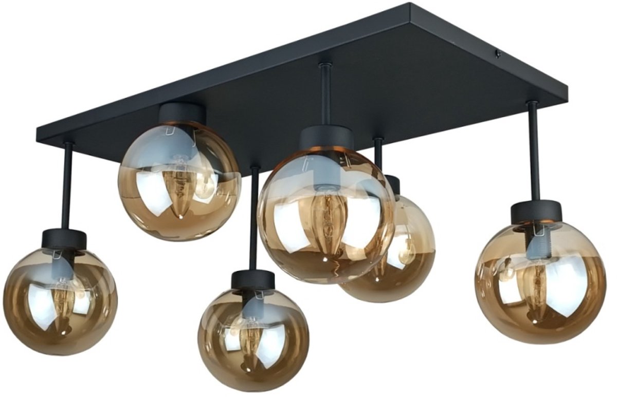 KETER LIGHTING Dea Black Honey Plafondlamp 6xE27 – Zwart Metaal & Amber Glazen Lampenkappen