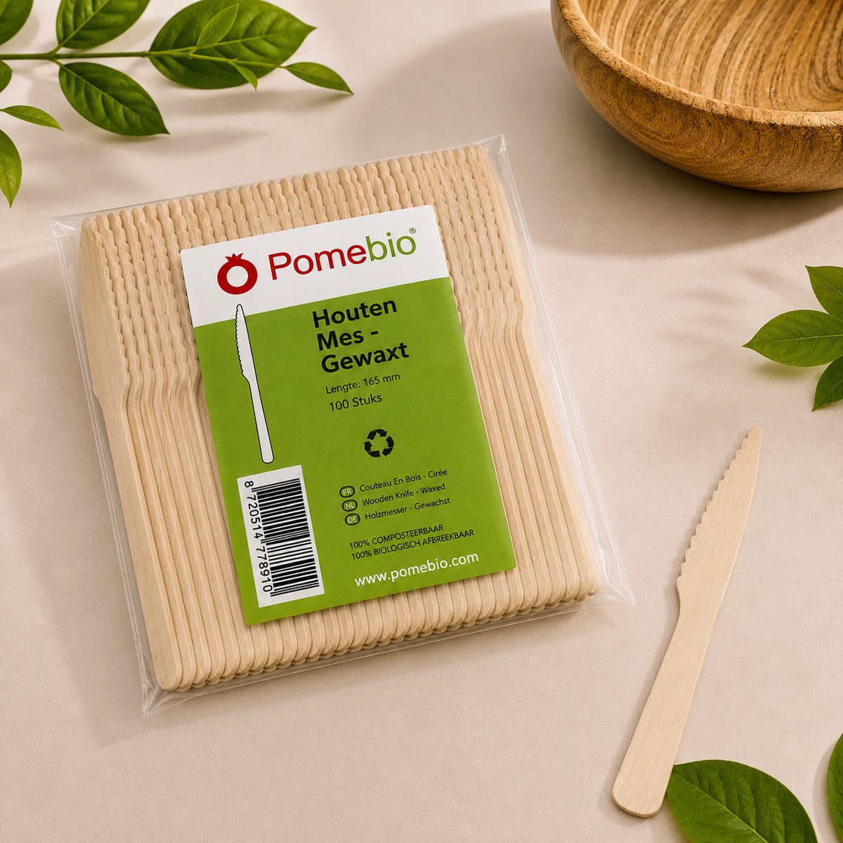 PomeBio houten mes - 165 mm - gewaxt - 100 stuks