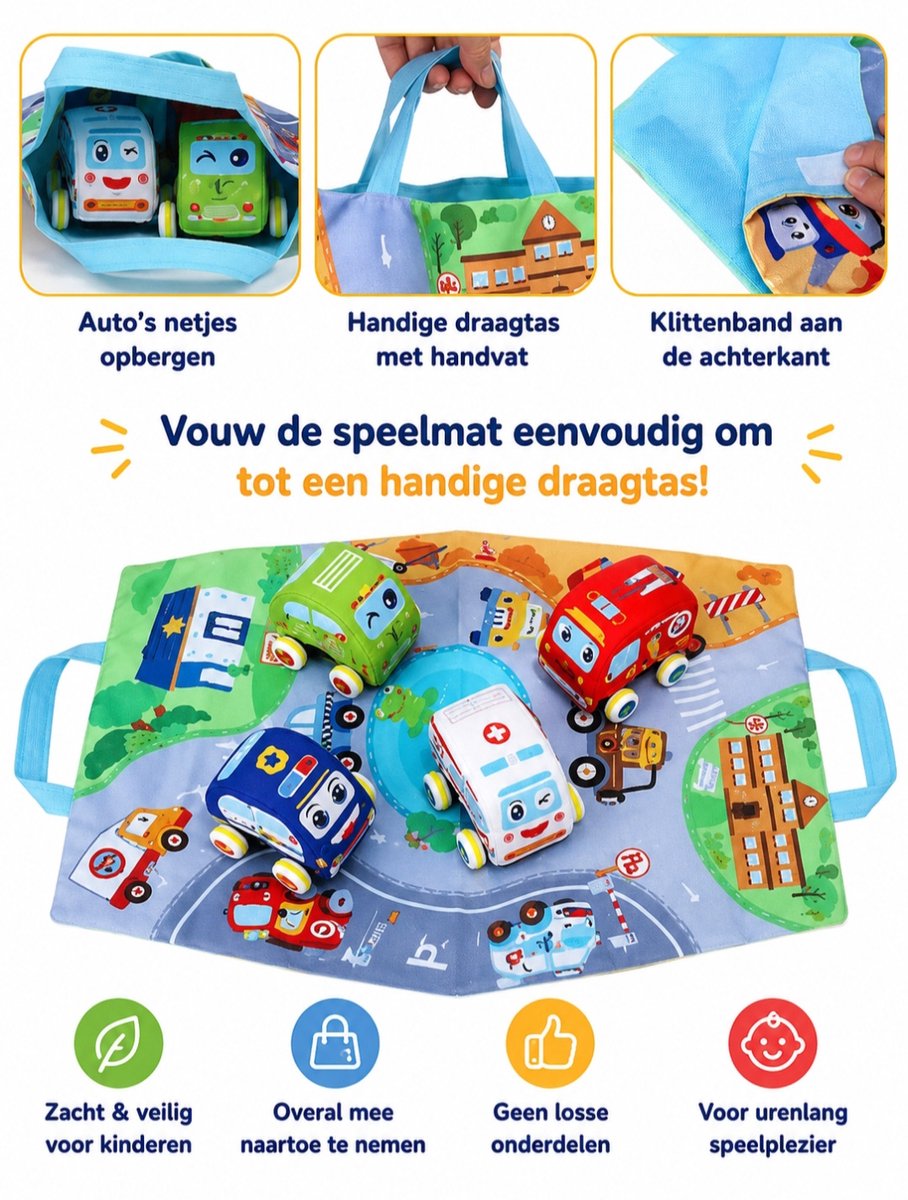 Speelmat Auto's Met Opbergtas - 4 Houten Voertuigen - Speelkleed Auto - Educatief Speelgoed - Cadeau Jongens En Meisjes Vanaf 1 Jaar — afbeelding 7