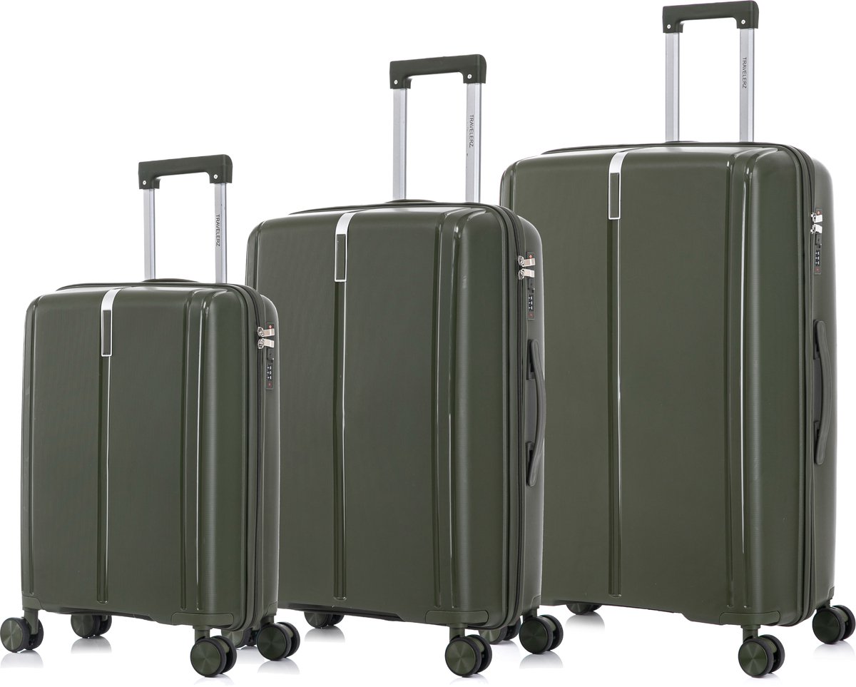TRAVELERZ - Valencia - 3 Delig kofferset - Handbagage 42L - Medium koffer 67L & Grote koffer 97L - Polypropyleen - Harde schaal - Cijferslot - Lichtgewicht - Flexibel - Duurzaam - Dubbele wielen - Spinner wielen - Legergroen - Groen
