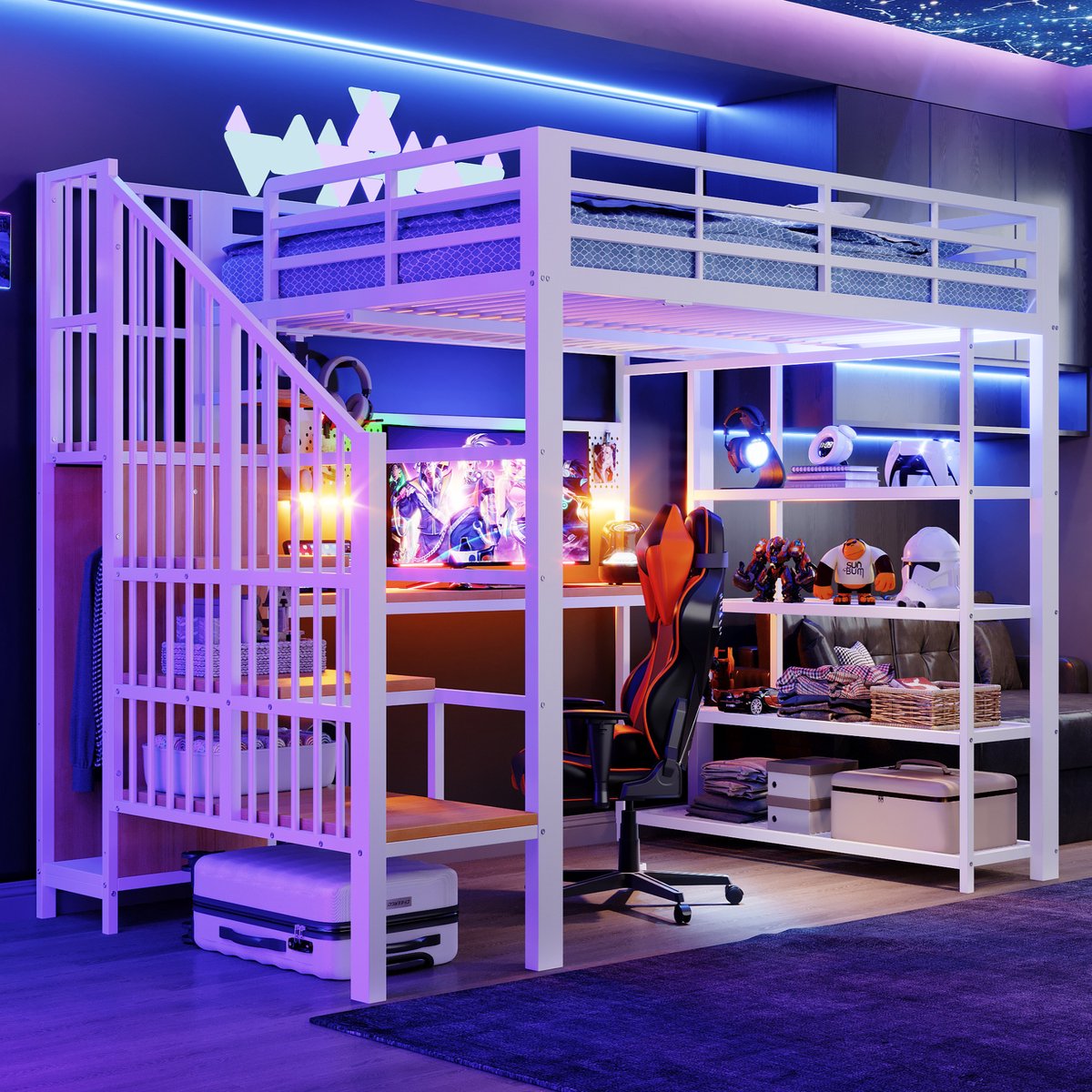 Hoogslaper 140 × 200 Cm, Tweepersoonsbed Lang Bureau En Lang Prikbord, Klein Driehoekig Plankje Met Stopcontacten En Ledstrip, Opbergvakken Met Meerdere Niveaus, Hoge Reling-Wit