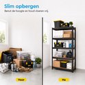 Vergelijking van een rommelige ruimte met losse spullen en een opgeruimde ruimte met een stellingkast.