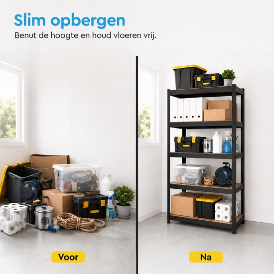 Vergelijking van een rommelige ruimte met losse spullen en een opgeruimde ruimte met een stellingkast.