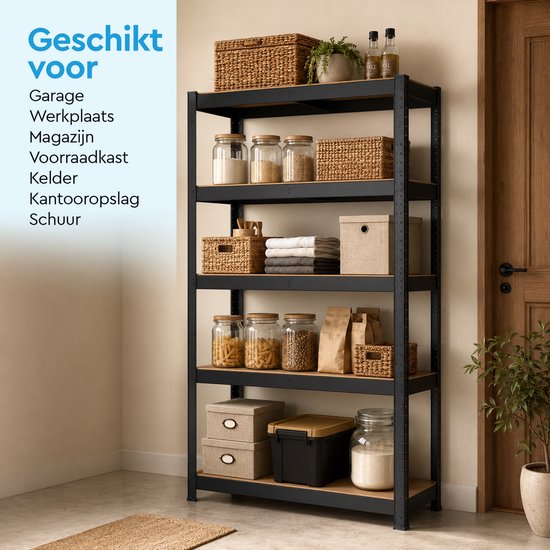 Zwarte stellingkast met manden, potten, dozen, handdoeken en planten. Geschikt voor garage, werkplaats, magazijn, kelder of schuur.