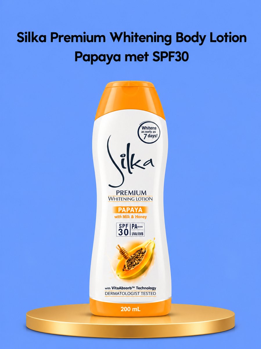 Silka Premium Whitening Body Lotion Papaya met SPF 30 – Verhelderende & Hydraterende Bodylotion – Helpt Donkere Vlekken te verminderen, Egaliseert de Huidtint & Beschermt tegen UV – Voor een Gladde, Stralende & Huid Gezonde