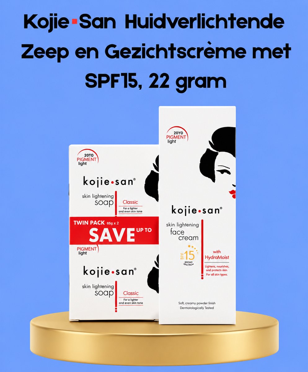 Kojie San Skin Lightening Soap + Face Cream SPF 15 – 22 g – Verhelderende & Beschermende Huidverzorgingsset – Verminderde Donkere Vlekken, Egaliseert de Huidtint & Beschermt tegen UV-stralen – Voor een Gladde, Stralende & Gezonde Huid
