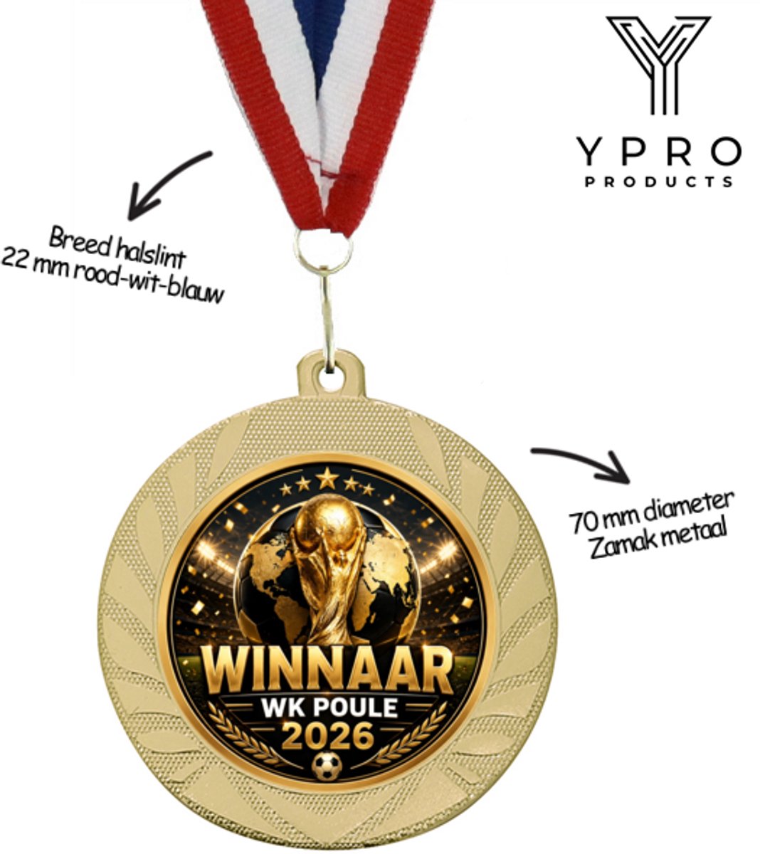 Winnaar WK Poule 2026 Medaille Goud 70 mm met Halslint – Voetbal Poule Prijs
