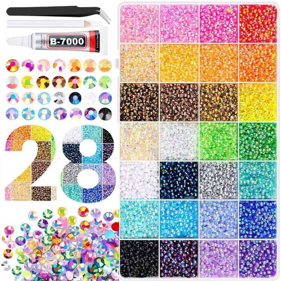 Een organizer met 30 compartimenten, gevuld met talloze gekleurde strass steentjes in verschillende kleuren, van roze, geel, oranje, groen, blauw, paars tot zwart. Inclusief lijm, pincet en wax pen.