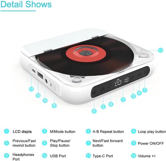 Draagbare cd-speler met Bluetooth 5.3-zender, 2000mAh oplaadbare batterij, ingebouwde HiFi-dubbele luidsprekers, ondersteunt cd/usb/aux, lcd-display, inclusief hoofdtelefoon voor thuis/in de auto (roze) — afbeelding 4