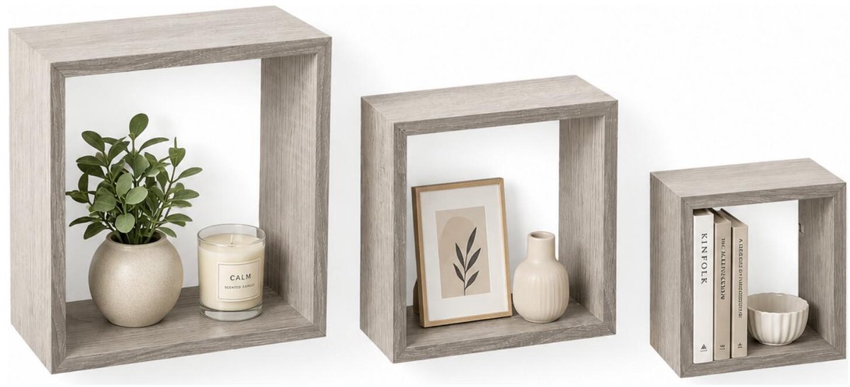 5five Zwevende wandplanken Blocks - set in 3x maten lengtes 15/20/25 cm - lichtgrijs - hout - boekenplanken - muurplanken - hangplanken - kubussen