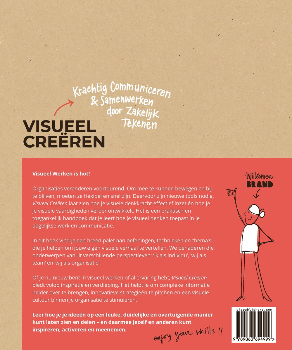 Achterkant van een boek met de titel 'Visueel creëren' en een samenvatting. Een illustratie van een persoon staat rechts.