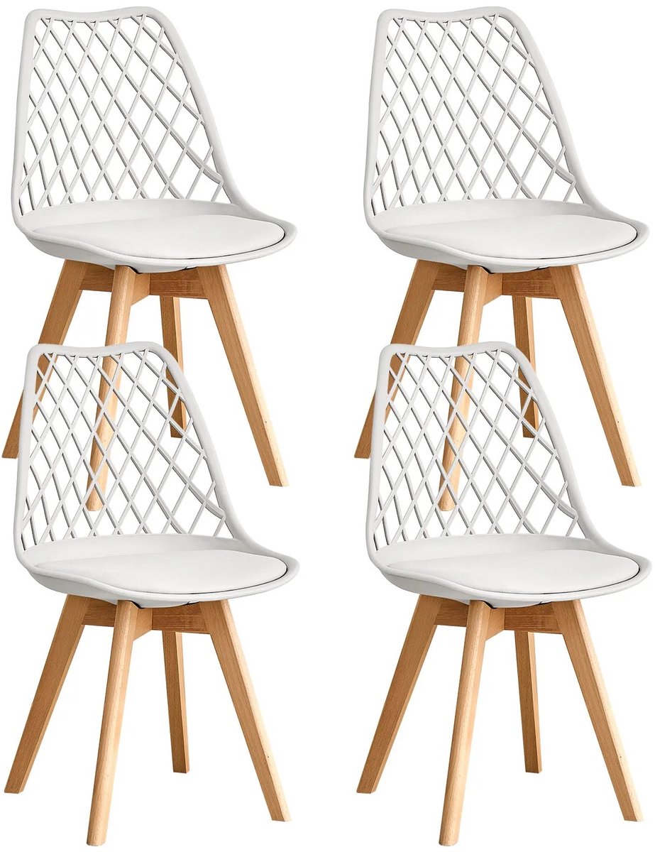 Questyr Set van 4 Eetkamerstoelen – Wit – Scandinavisch Design – Mesh Rugleuning & Houten Poten – Comfortabele PU‑Lederen Stoelen voor Keuken & Eetkamer