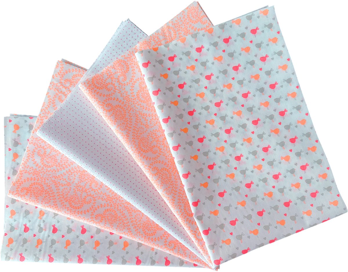 BINK Bedding Katoenen Lapjes Birdie - Set van 5 Patchwork Stoffen - 100% Katoen - 60 x 40 cm - Neon Oranje, Neon Roze, Fuchsia & Grijs - Quilt & Hobbystof