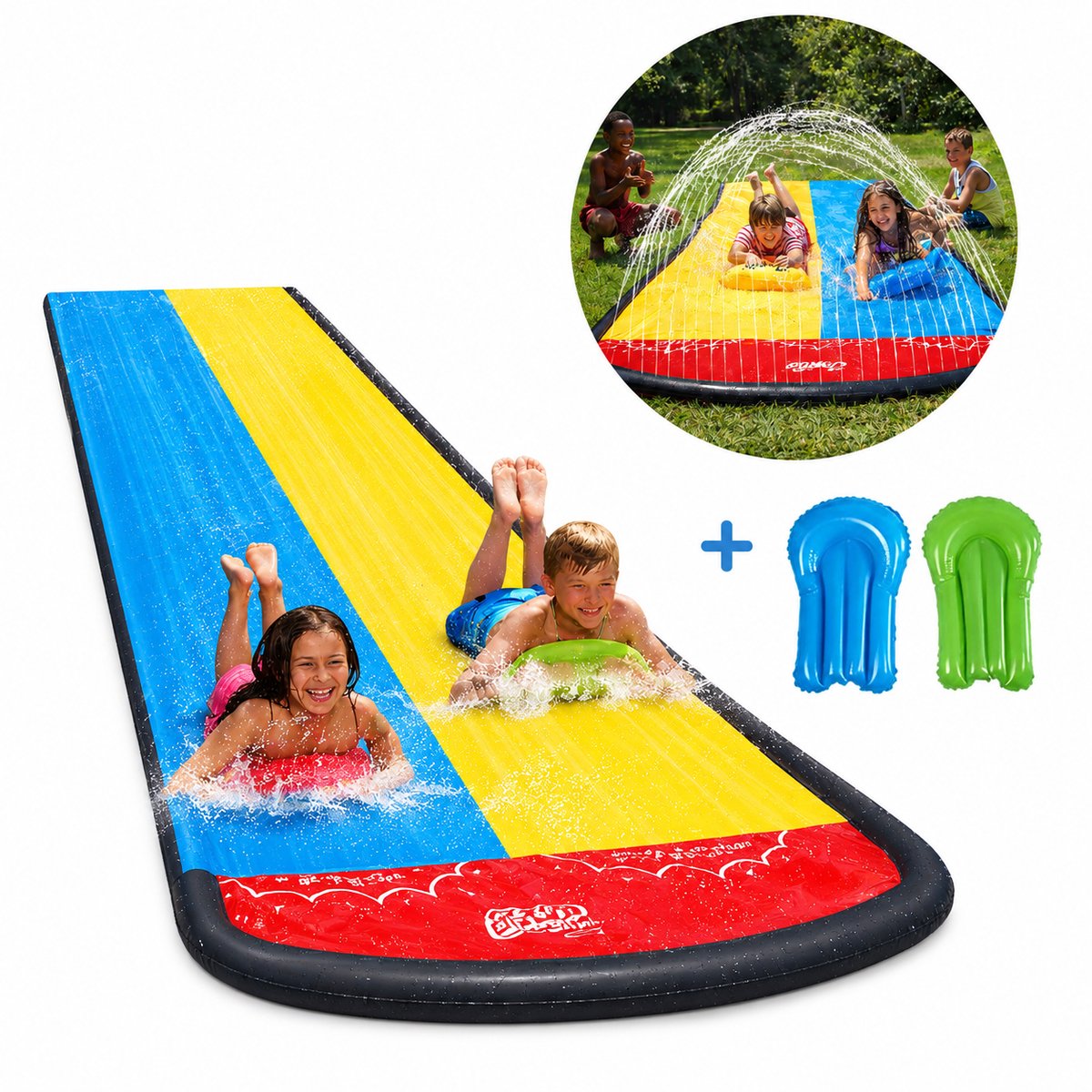 Solud Buikschuifbaan 480 x 145 cm Inc. 2 glijbedjes - Aansluiting voor tuinslang - Watermat - Waterglijbaan - Buikglijbaan