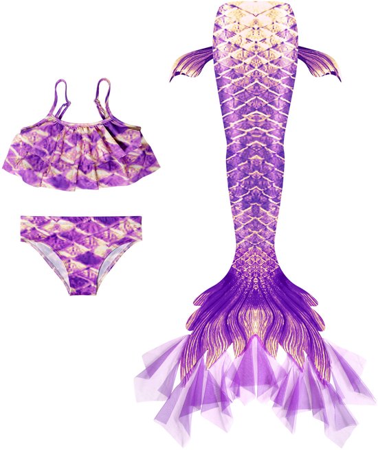 Paarse en gele zeemeerminnenbikini met druppels: topje met ruches, bikinibroekje en staart.