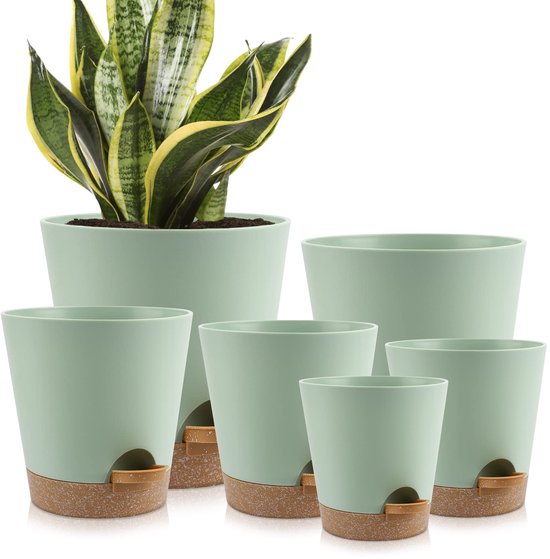 Zelfwaterende Plantenpot Set 6 Stuks - Bloempotten voor binnen -Plantenpot met Waterreservoir en Katoenen Lont - Kruidenpotten voor Binnen en Buiten - Bloempot Zelfbewaterend voor Keuken, Balkon en Tuin