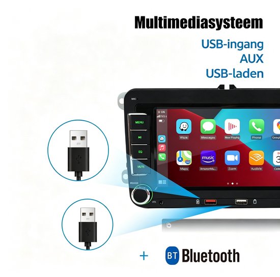 ESSGOO multimedia autoradio met USB-ingang, AUX en USB-laadfunctie. Toont USB-poorten en Bluetooth-icoon.