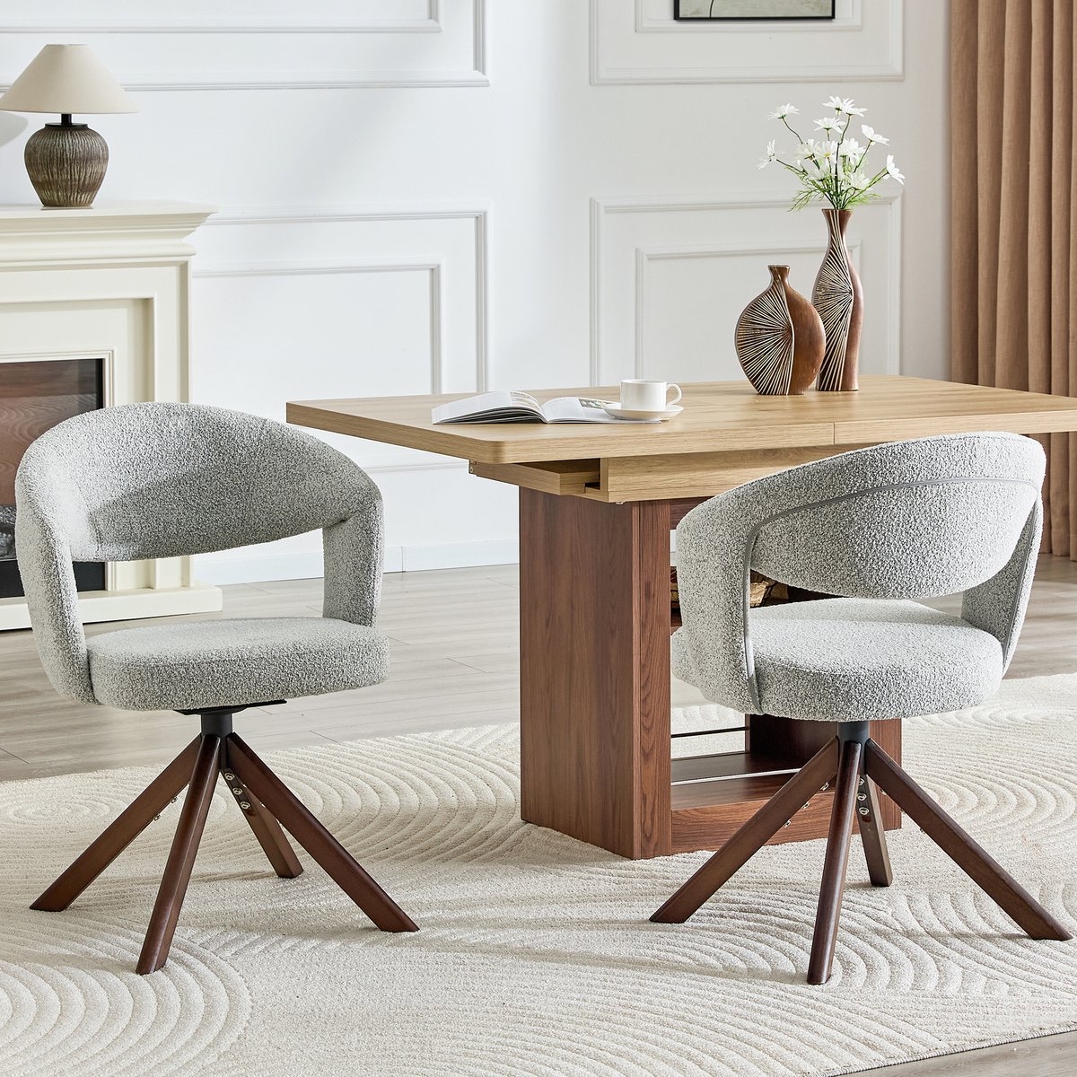 MIVRAY Eetkamerstoelen Set Van 2 - Draaibaar 360 Graden Met Gebogen Rugleuning - Voor Eetkamer En Keuken - Stof Lichtgrijs Lichtgrijs, Walnoot