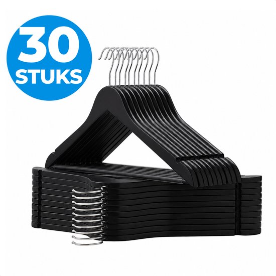 ACAZA Cintres en bois Massief 30 pièces, bois d' Esdoorn , surface lisse, cintre avec encoche et barre de pantalon, Set de 30, Zwart