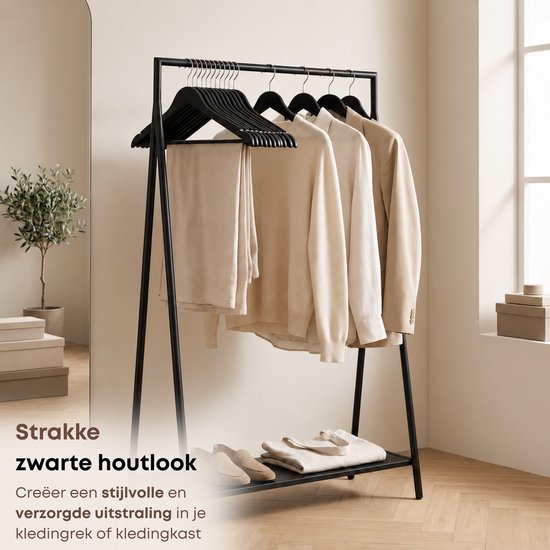 ACAZA Cintres en bois Massief 30 pièces, bois d' Esdoorn , surface lisse, cintre avec encoche et barre de pantalon, Set de 30, Zwart