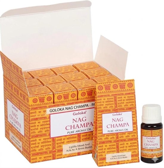 Goloka Nag Champa Aromaolie 12 x 10 ml | Natuurlijke geurolie voor aromatherapie, diffusers en potpourri | Warme Nag Champa-geur | Voor ontspanning, meditatie en kamergeur met kajal-sticker