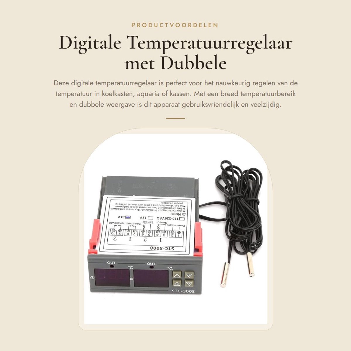Dailygoods- Temperatuurregelaar Digitale - Thermostaat met Dubbele Sonde - Temperatuurmeter - Nauwkeurigheid ±1 °C - Voor Koelkast/Aquarium - ABS Behuizing