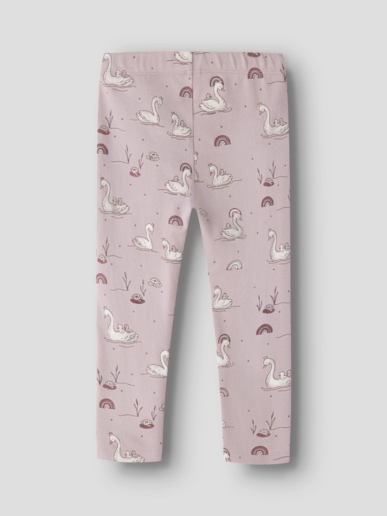 Lichtroze legging met een all-over print van zwanen met kuikens en regenboogjes.