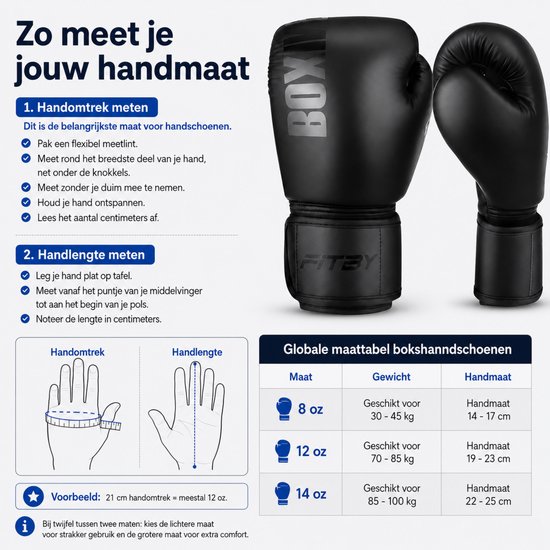 Zwarte bokshandschoenen met 'BOX' logo, meting van handomtrek en handlengte.