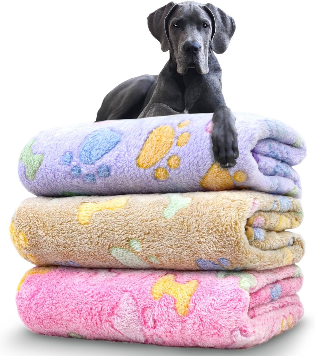 Huisdierdekens - Set van 3 - Huisdiermatten - Dekens - 104 x 76 cm - Machinewasbaar - Zacht en comfortabel - Geschikt voor alle seizoenen - Leuk botpatroon - Waterdicht - Roze, paars, beige