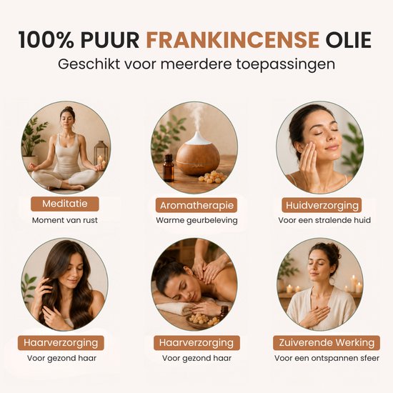 Verschillende toepassingen van wierookolie: meditatie, aromatherapie, huidverzorging, haarverzorging en zuiverende werking.